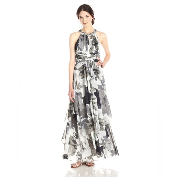 Eliza J Gray Floral Halter Maxi Dress Beaded Empire Formal Gown Event Wedding 2 - Picture 2 of 14